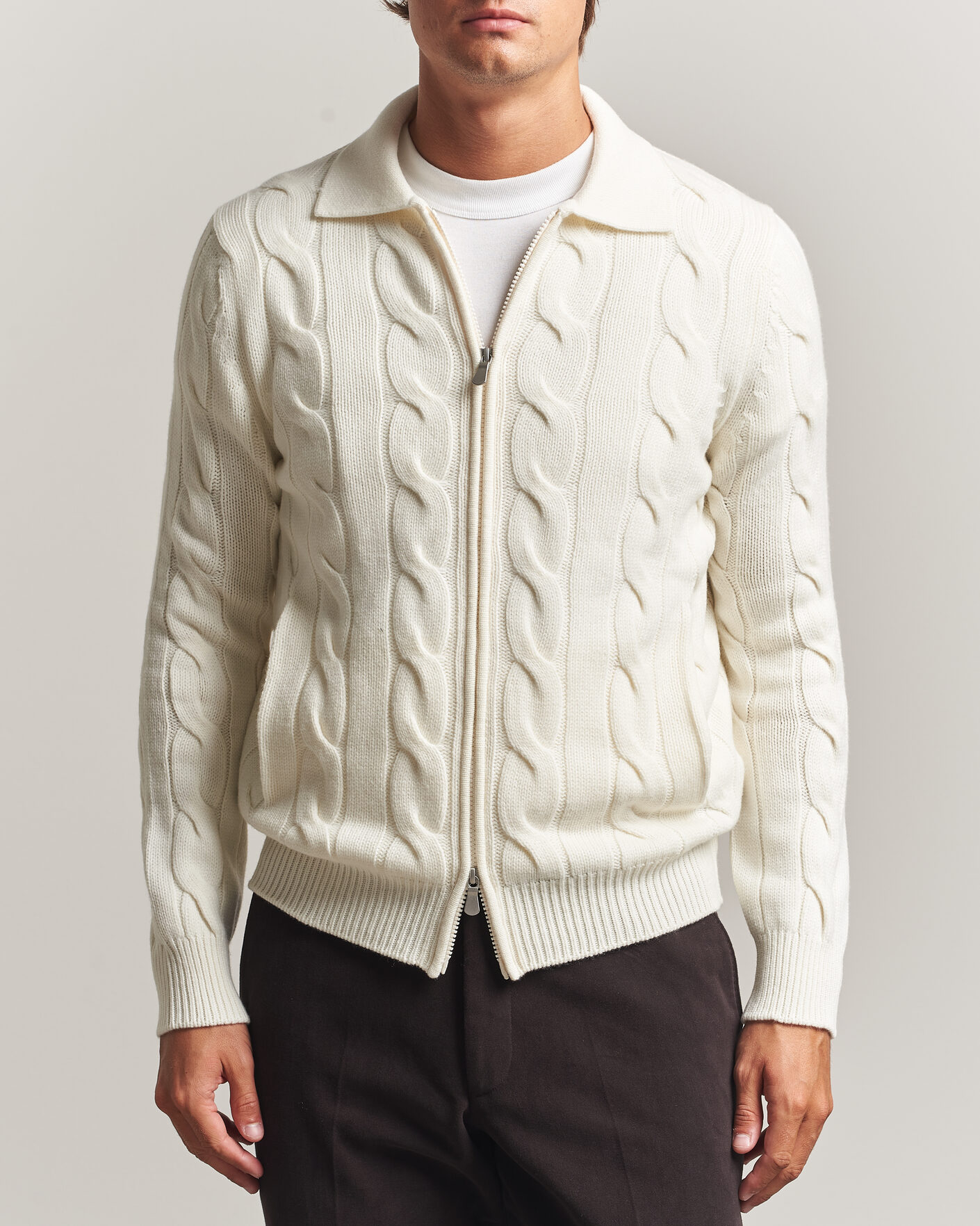 Men | Sweaters & Knitwear | Gran Sasso | Wool/Cashmere Cable Full Zip Cream