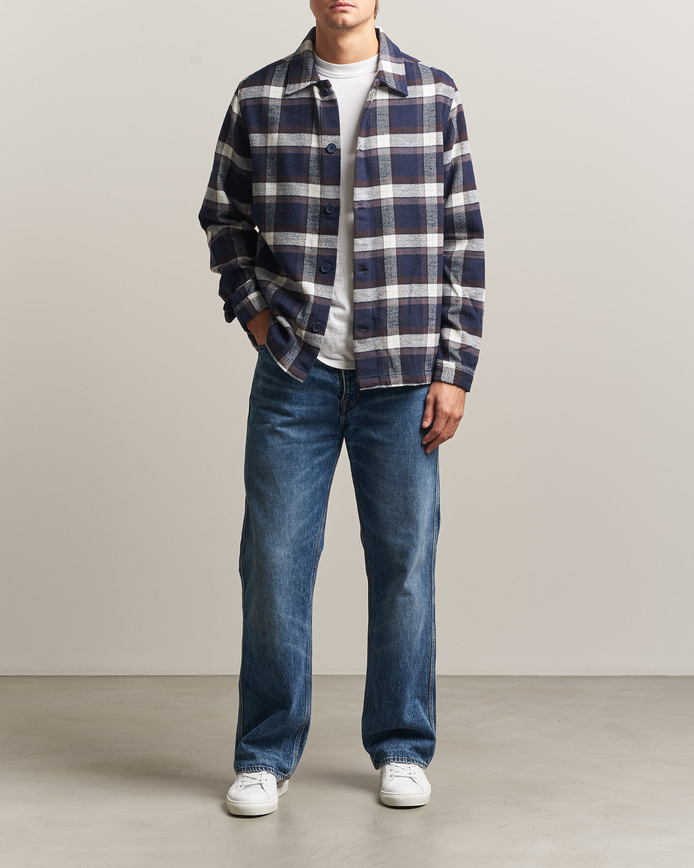 Men | Shirts | KnowledgeCotton Apparel | Flannel Check Overshirt Navy