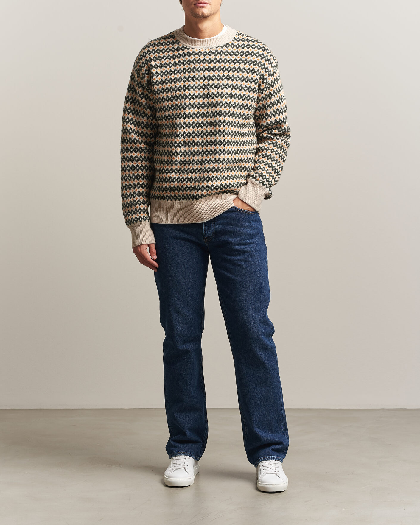 Men | Sweaters & Knitwear | KnowledgeCotton Apparel | Lambswool Jaquard Sweater Green