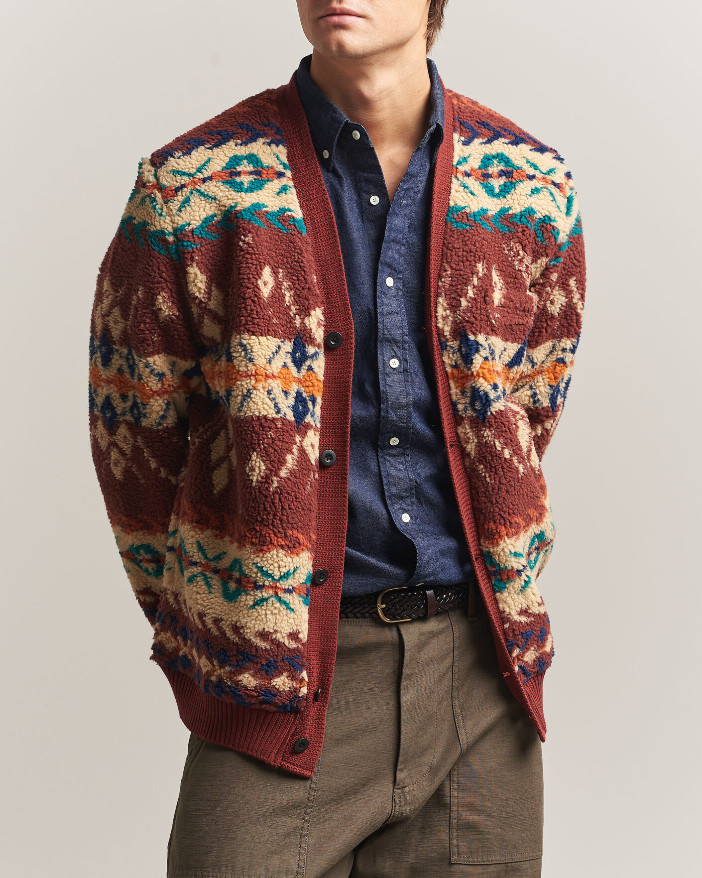 Men | Sweaters & Knitwear | BEAMS PLUS | Boa Jacquard Cardigan Brown