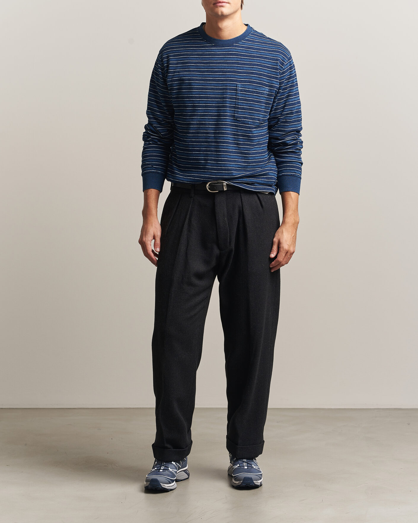 Men | T-Shirts | BEAMS PLUS | Indigo Stripe LS T-Shirt Navy