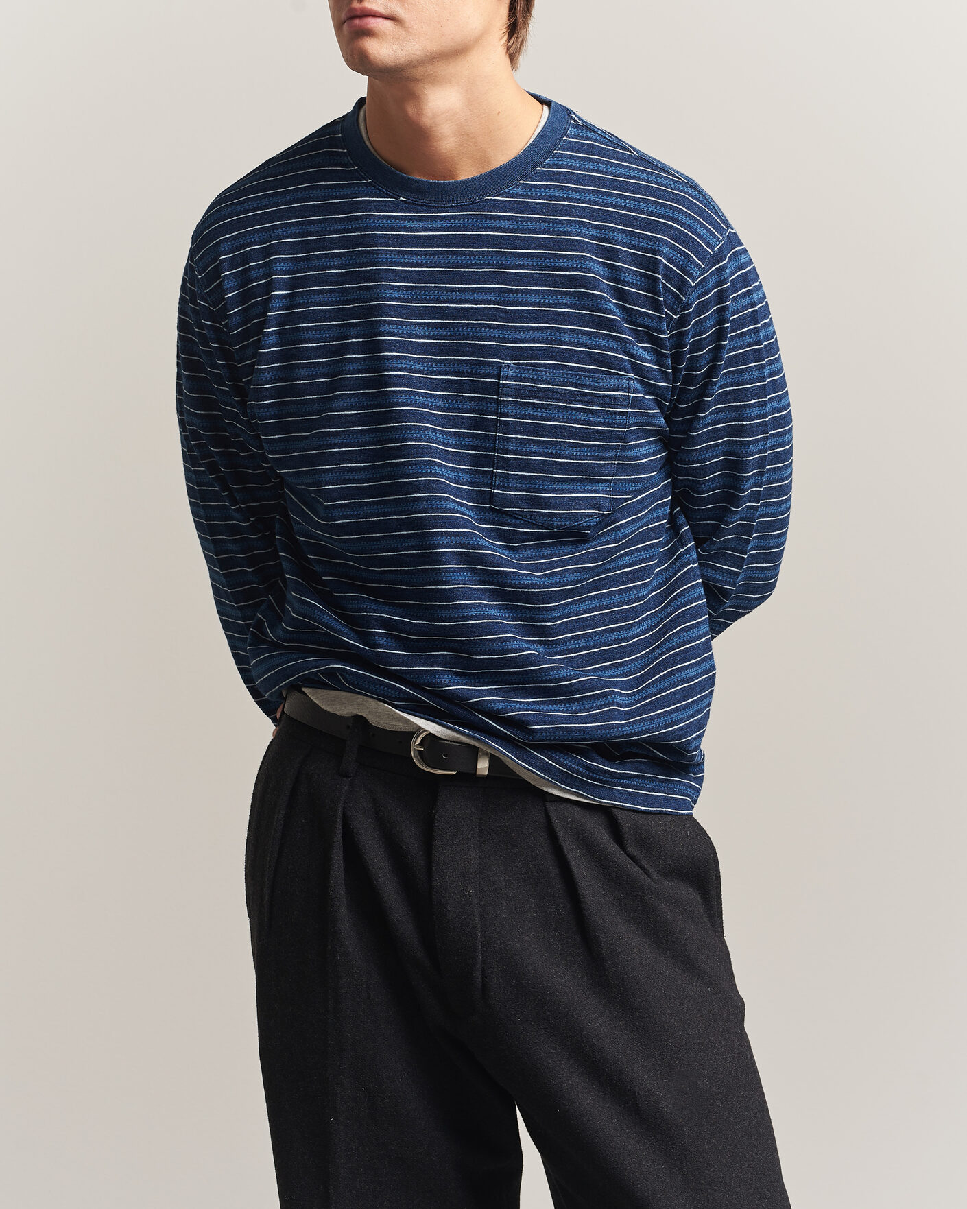 Men | T-Shirts | BEAMS PLUS | Indigo Stripe LS T-Shirt Navy