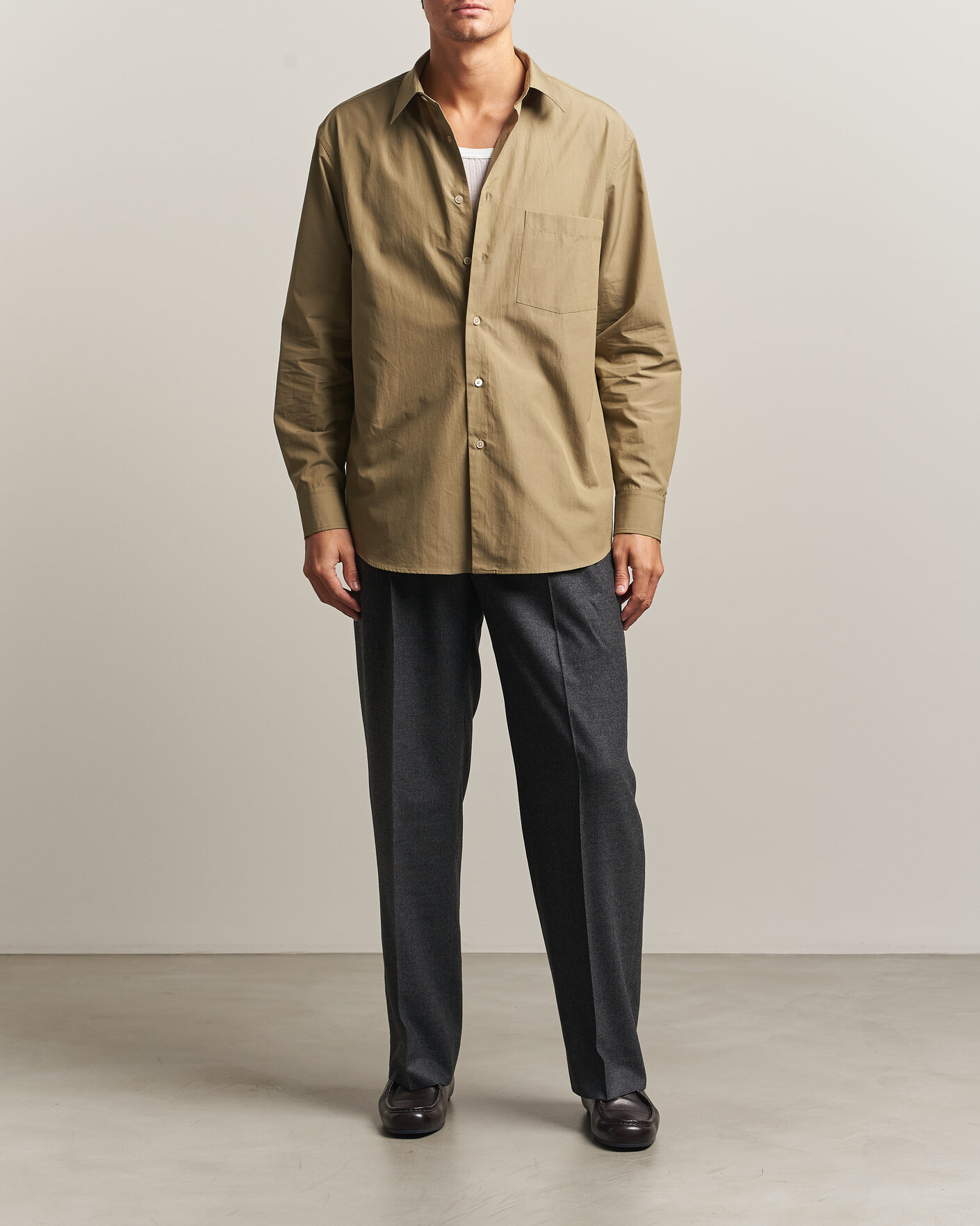 Men | Shirts | Auralee | Finx Light Weather Chambray Shirt Olive Brown