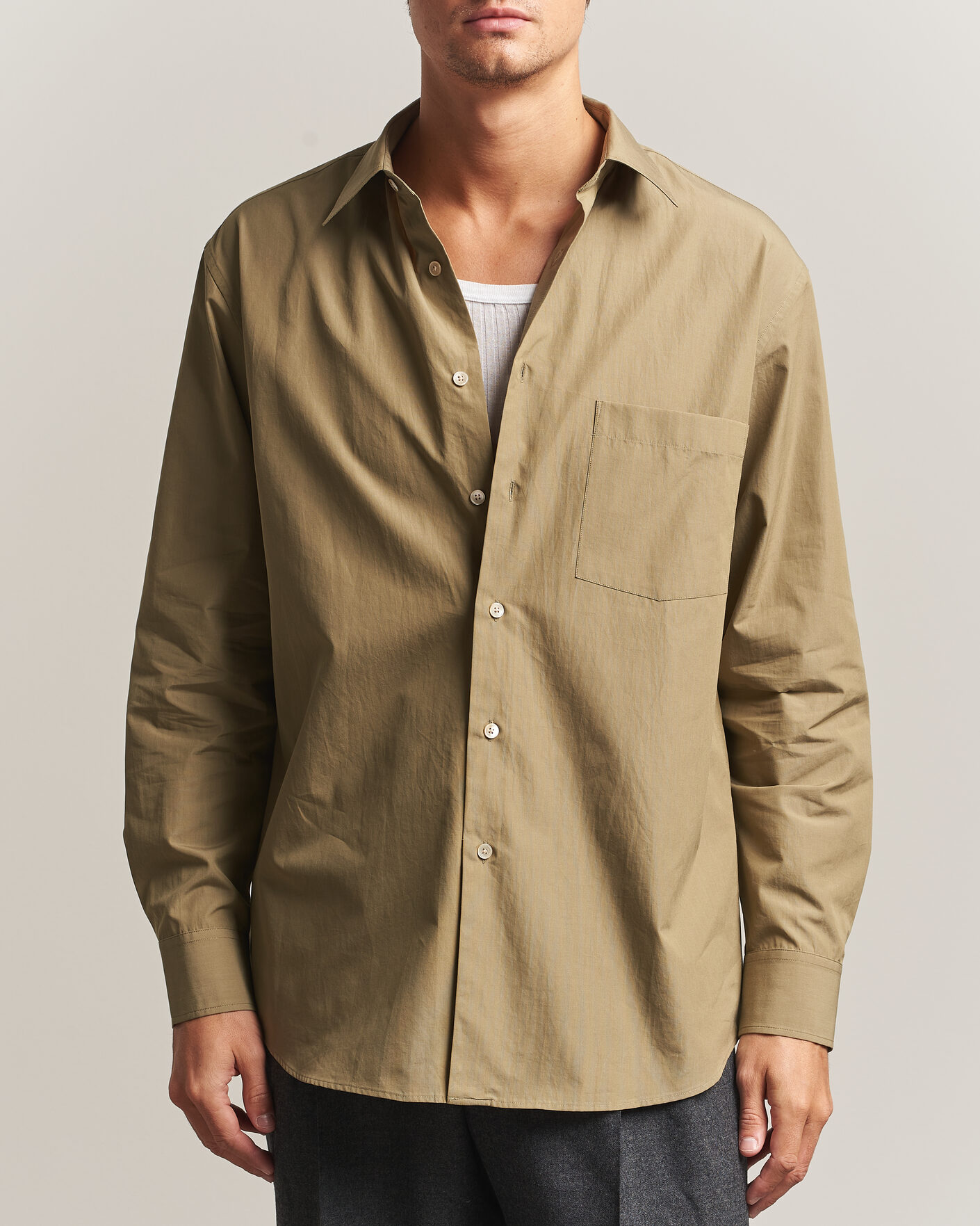 Men | Shirts | Auralee | Finx Light Weather Chambray Shirt Olive Brown