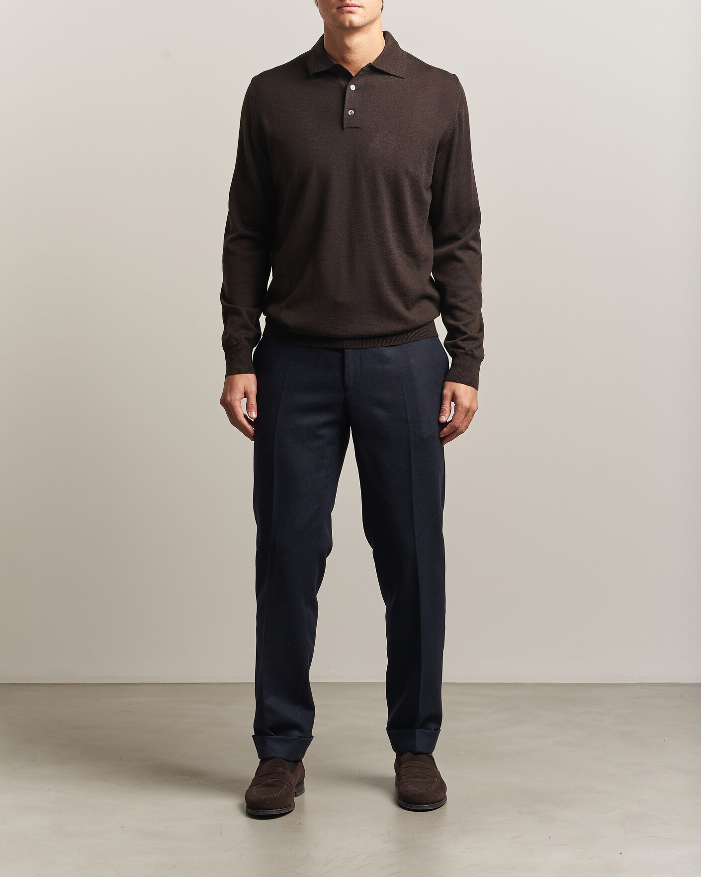 Men | Sweaters & Knitwear | Morgano | Extra Fine Merino Wool Polo Dark Brown