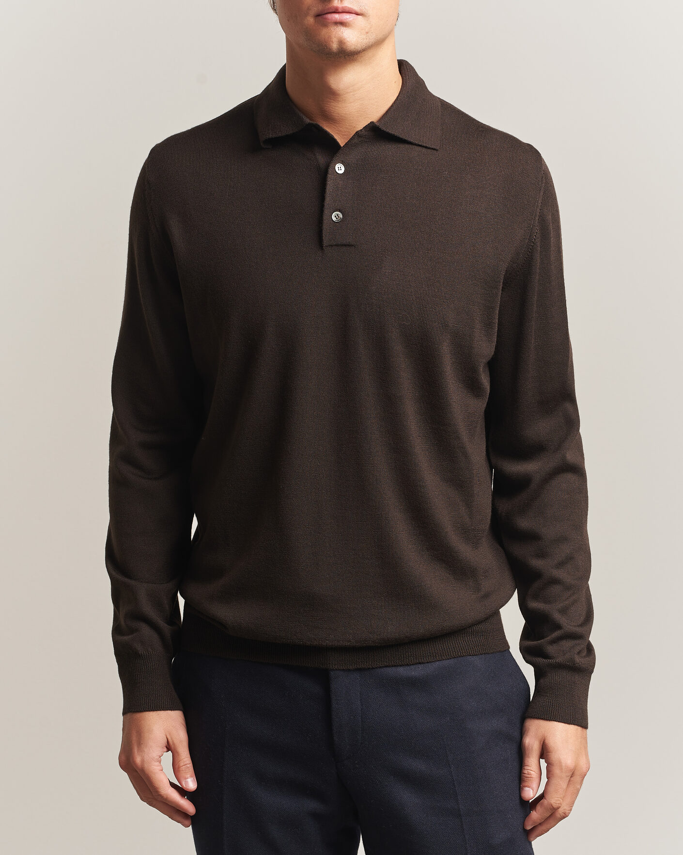 Men | Sweaters & Knitwear | Morgano | Extra Fine Merino Wool Polo Dark Brown