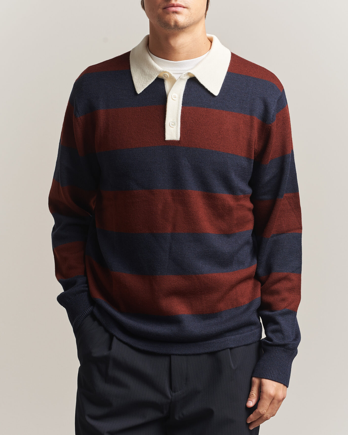 Men | Sweaters & Knitwear | A Day's March | Kenny Striped Merino Rugby Sweater Rust/Navy