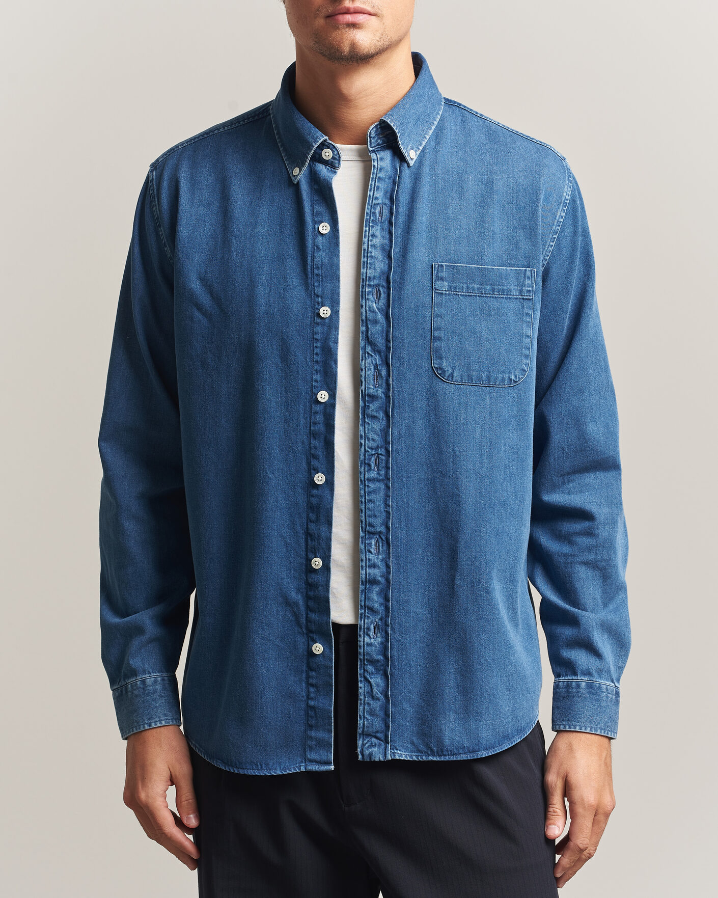 Men | Shirts | A Day's March | Original Button Down Denim Shirt Mid Blue