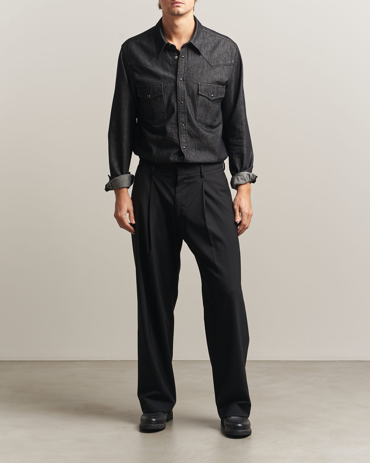Men | Shirts | Oscar Jacobson | Straight Fit Western Shirt Dark Grey