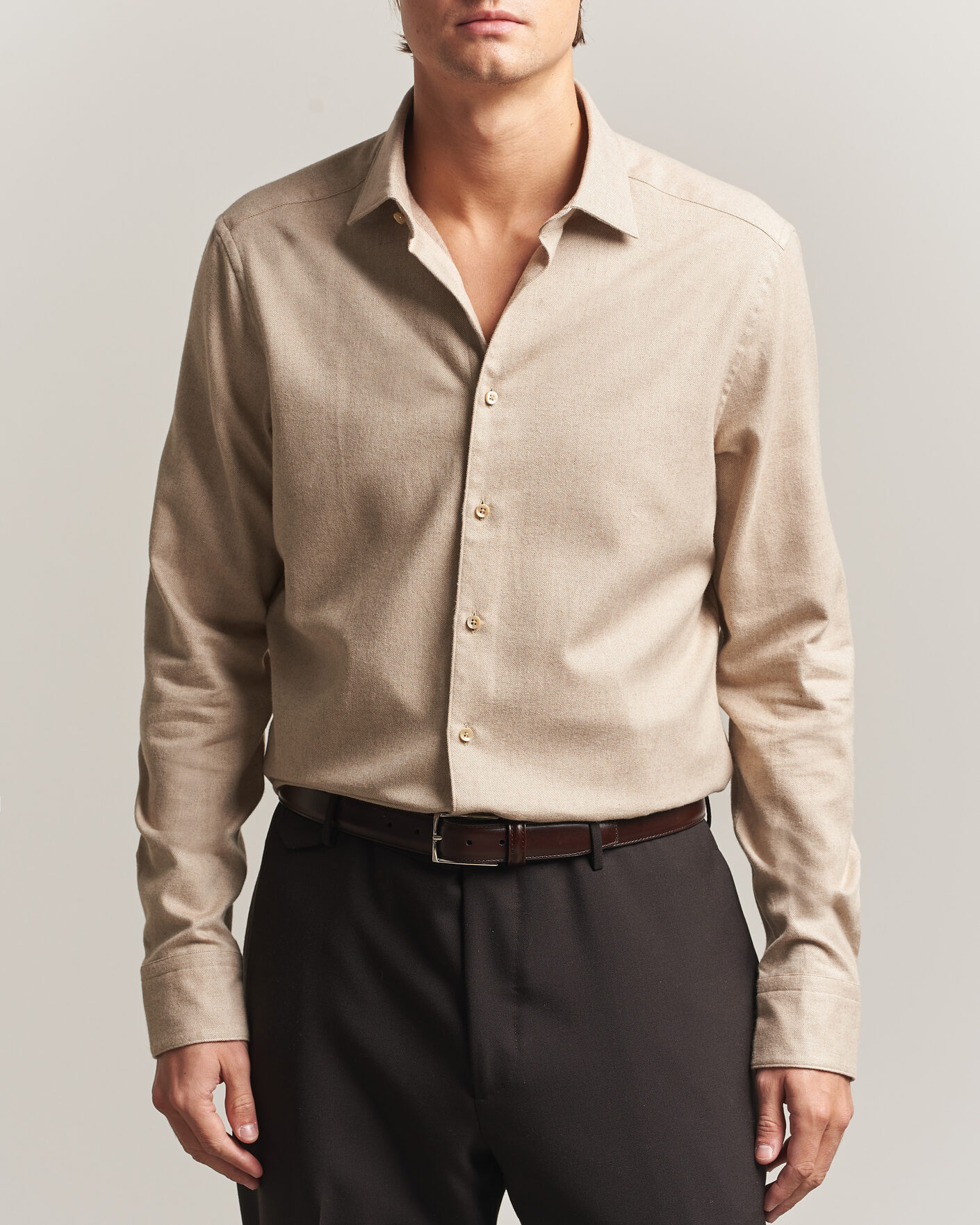 Men | Shirts | Stenströms | Slimline Flannel Shirt Beige