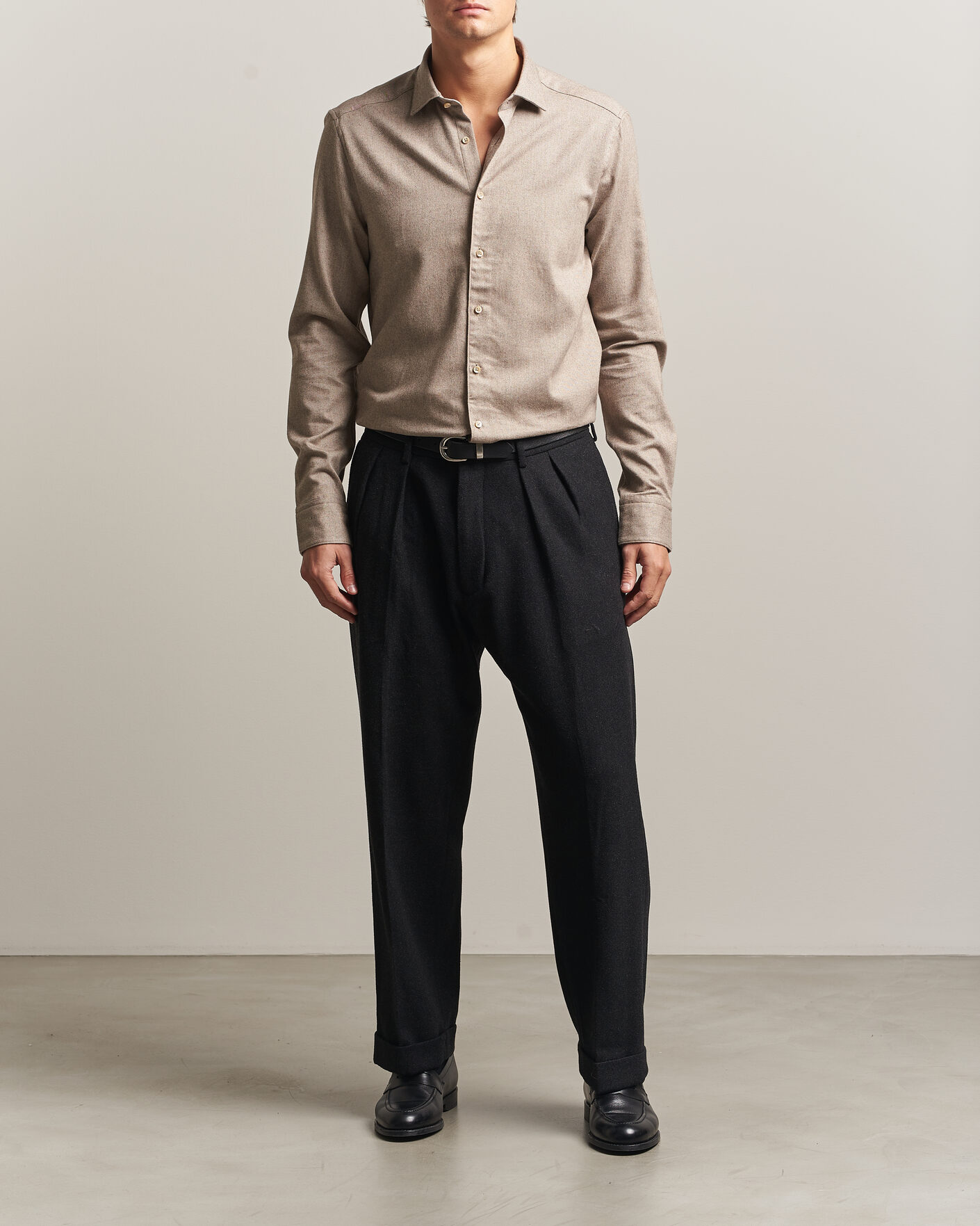 Men | Shirts | Stenströms | Slimline Flannel Shirt Light Brown