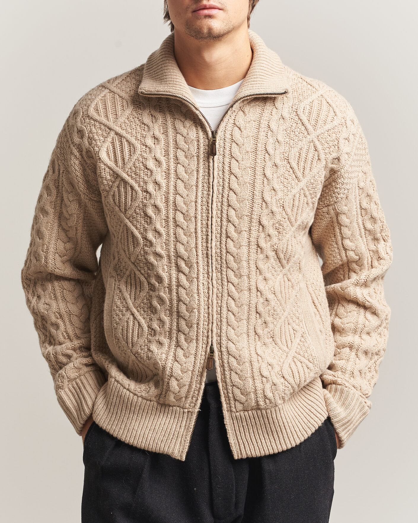 Men | Sweaters & Knitwear | Polo Ralph Lauren | Wool/Alpaca Aran Full-Zip Jicama Brown Heather