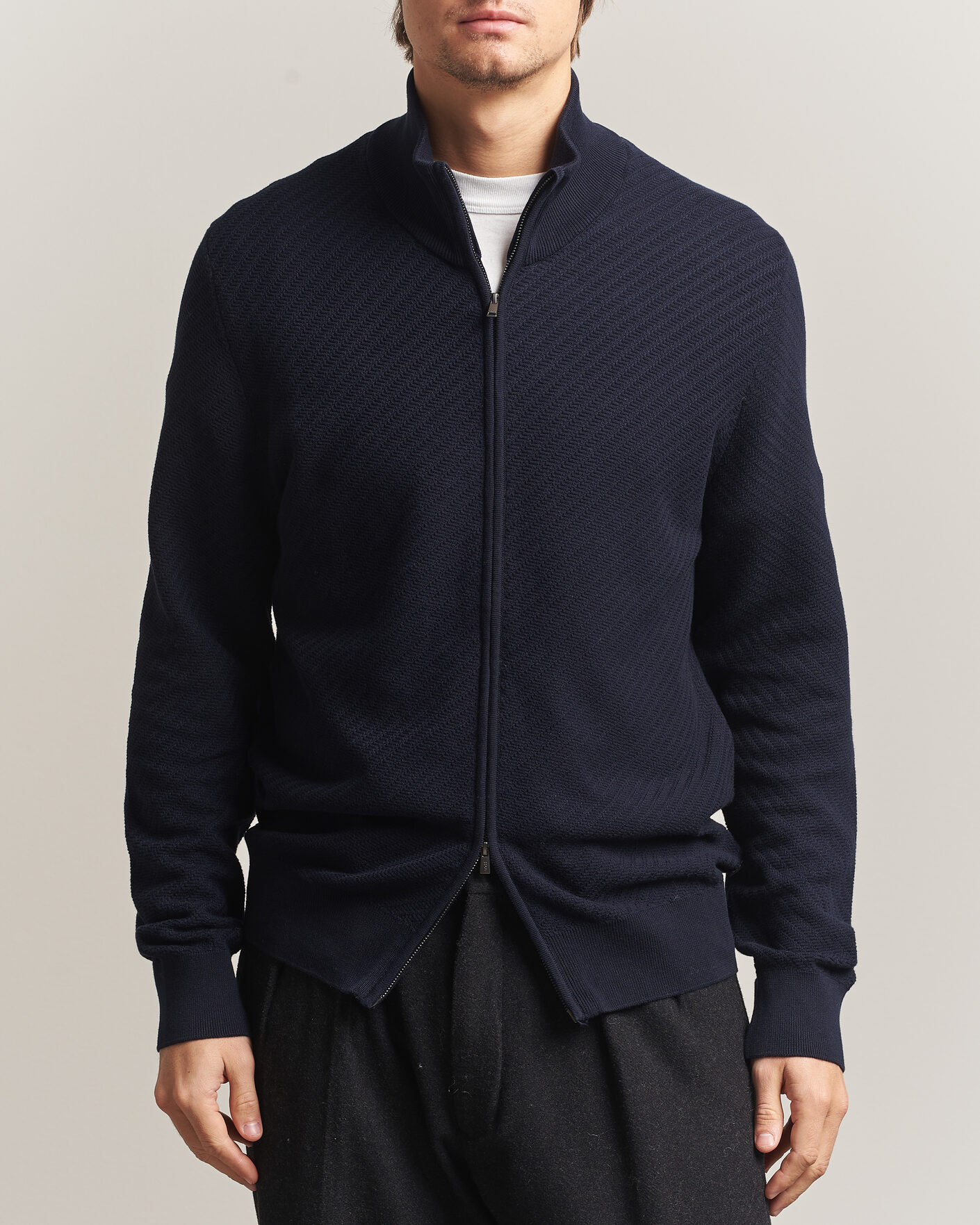 Men | Sweaters & Knitwear | BOSS BLACK | Loretti Cotton Knitted Full Zip Dark Blue
