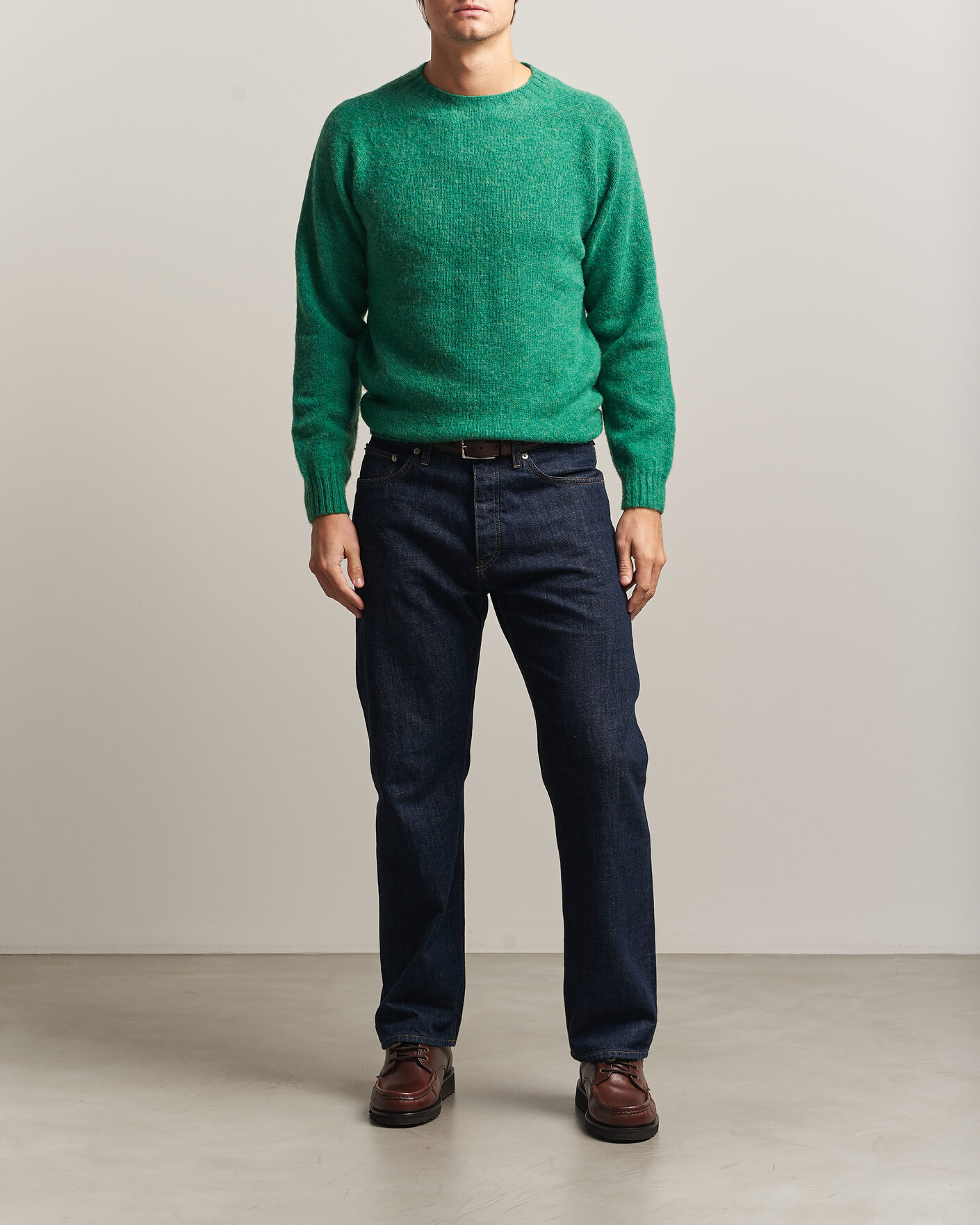 Men | Sweaters & Knitwear | Harley Of Scotland | Brushed Supersoft Lambswool Crewneck Evergreen