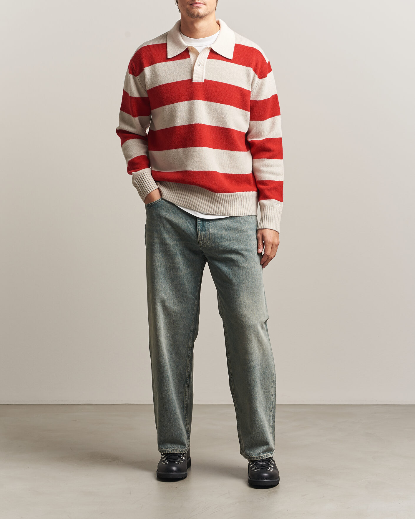 Men | Sweaters & Knitwear | Forét | Frost Stripe Knit Polo Red