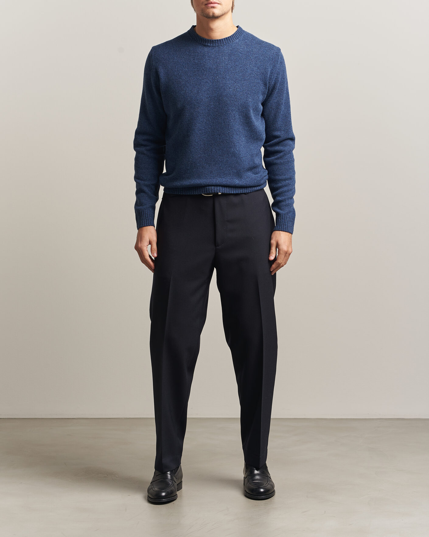 Men | Sweaters & Knitwear | Stenströms | Knitted Lambswool Crew Neck Indigo Melange