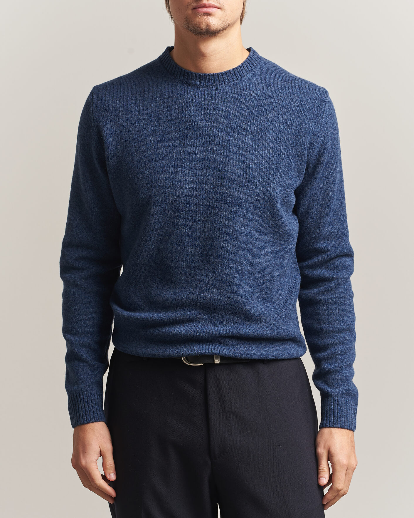 Men | Sweaters & Knitwear | Stenströms | Knitted Lambswool Crew Neck Indigo Melange