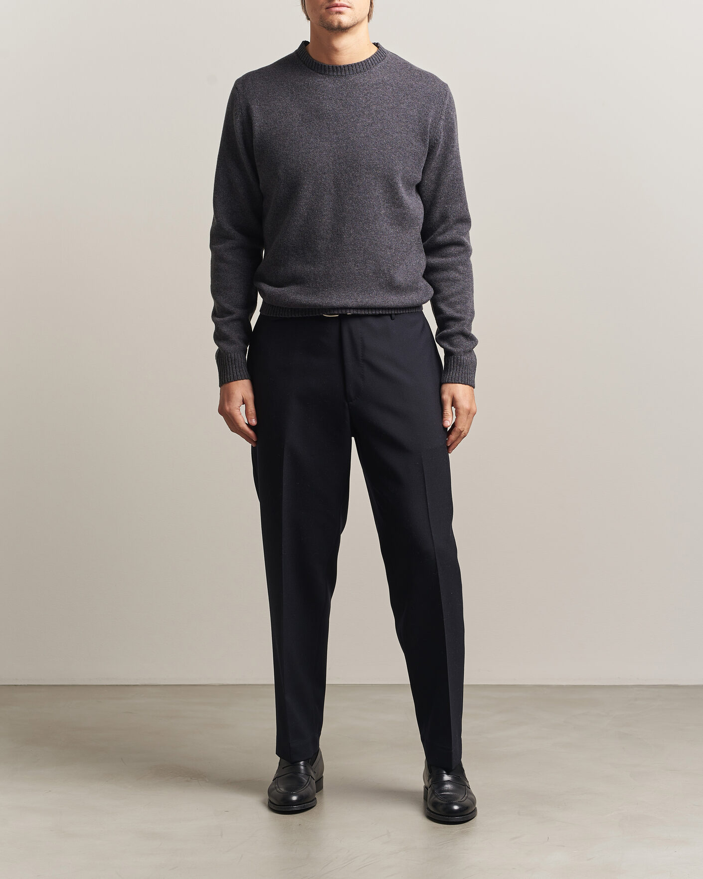 Men | Sweaters & Knitwear | Stenströms | Knitted Lambswool Crew Neck Dark Grey Melange