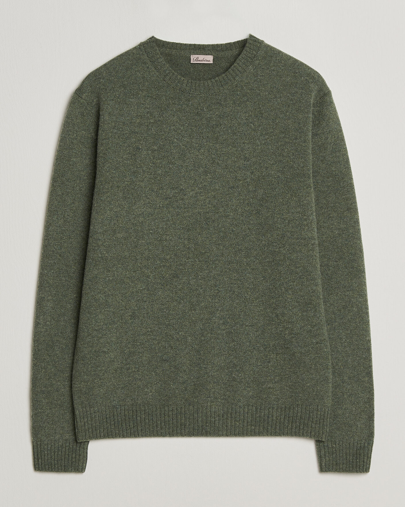 Men | Sweaters & Knitwear | Stenströms | Knitted Lambswool Crew Neck Light Army Green Melange