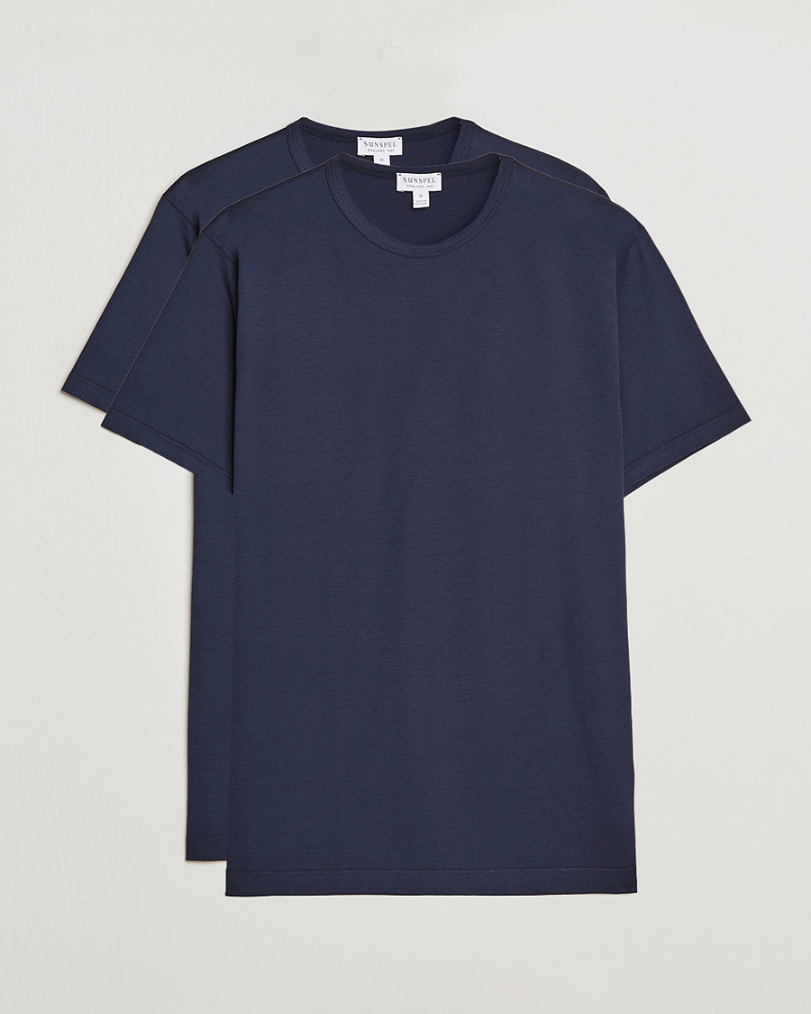Men | T-Shirts | Sunspel | 2-Pack Crew Neck Q82 Cotton T-Shirt Navy