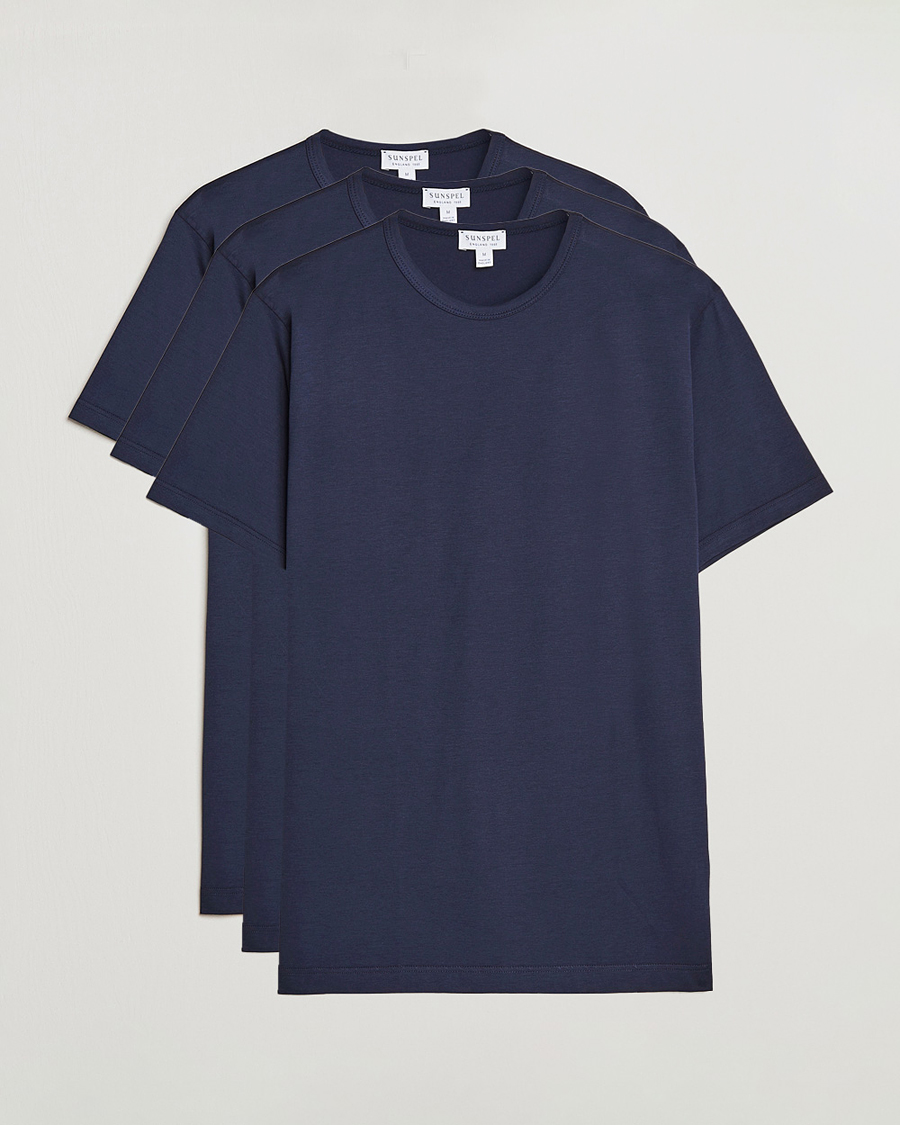 Men | T-Shirts | Sunspel | 3-Pack Crew Neck Q82 Cotton T-Shirt Navy