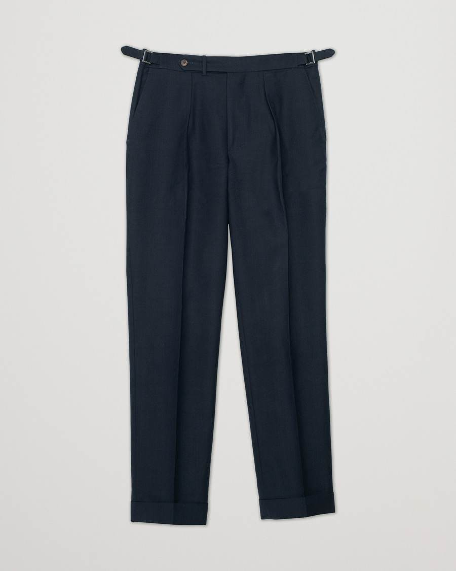 Men | Trousers | Pre-owned | Berg&Berg Arnold Pleated Side Adjuster Wool Trousers Navy 48