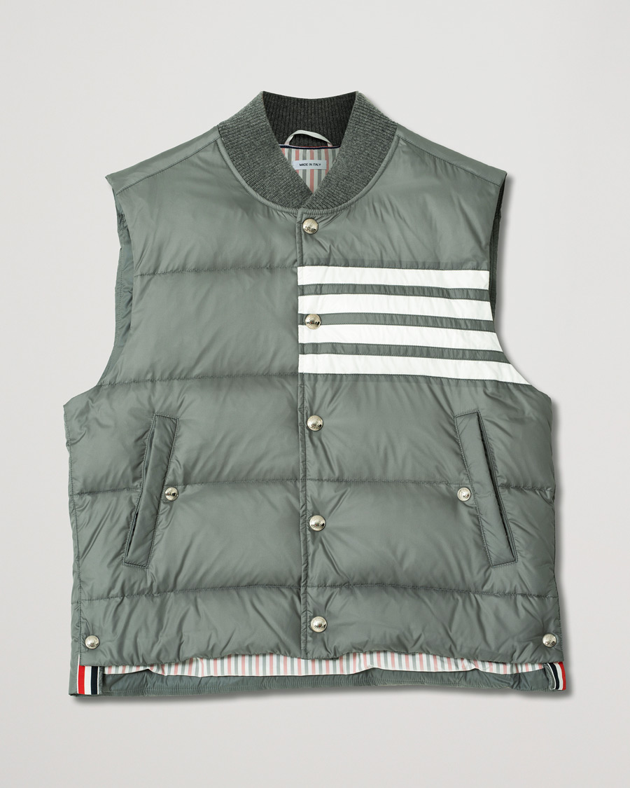 Men | Coats & Jackets | Pre-owned | Thom Browne 4 Bar Snap Front Down Vest Light Grey
