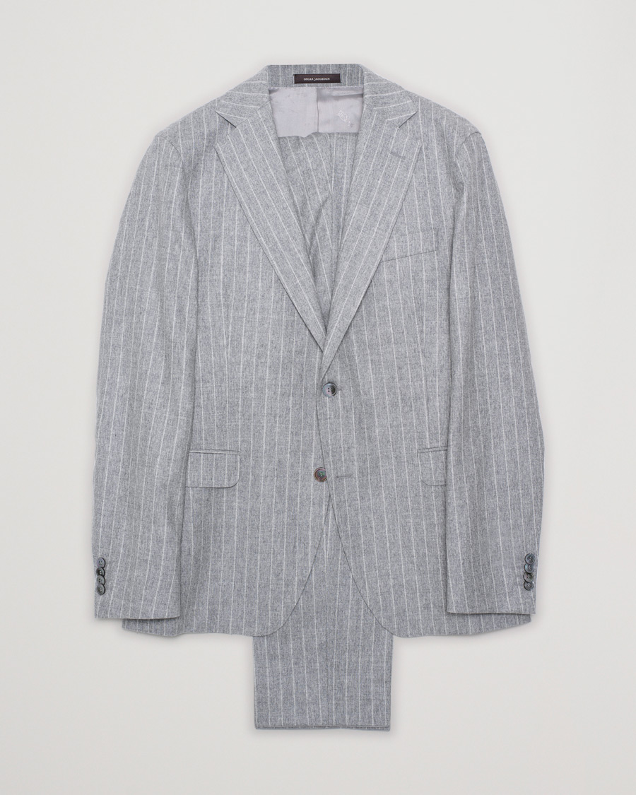 Men | Oscar Jacobson Ego Pinstripe Wool Flannel Suit Grey Melange | Pre-owned | Oscar Jacobson Ego Pinstripe Wool Flannel Suit Grey Melange