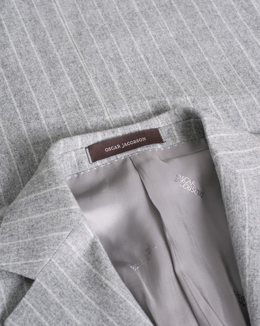 Men | Oscar Jacobson Ego Pinstripe Wool Flannel Suit Grey Melange | Pre-owned | Oscar Jacobson Ego Pinstripe Wool Flannel Suit Grey Melange
